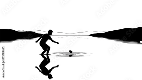 High-quality black silhouette line art of a person skipping stones on a calm lake from the shore under the sun, peaceful outdoor summer scene, tranquil lakeside activity