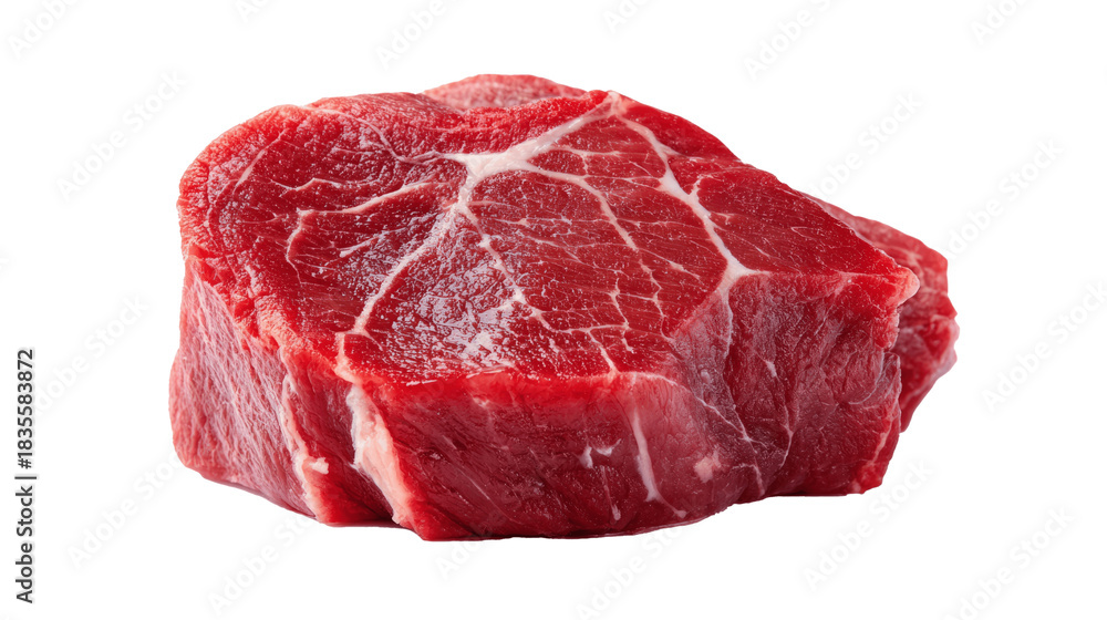 Obraz premium Close-up of a fresh red beef steak with marbling on a white background.