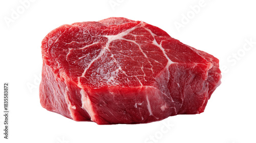 Close-up of a fresh red beef steak with marbling on a white background.