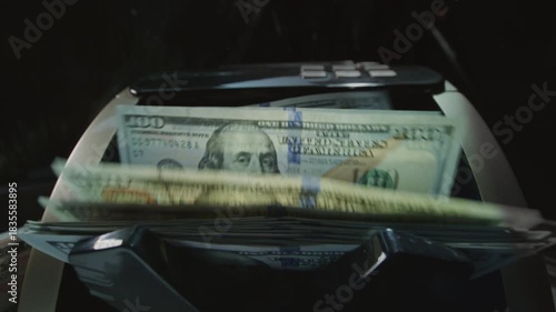 Money cash counting equipment machine. Slow motion. Bank automatic for paper buck. Quick credit or loan, mortgage. Economic crisis in USA. Payment and calculation finances. Close up USD. Investment