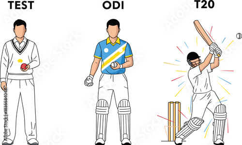 Cricket format trio illustration—vector of Test, ODI, and T20 players with ball, bat, stumps, and motion