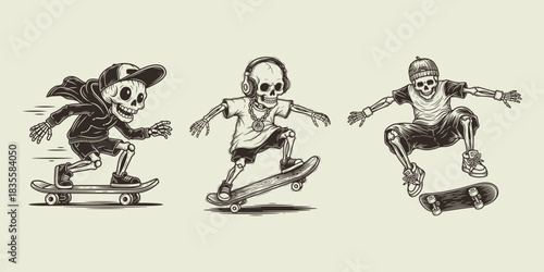 Three skeleton set performing skateboard tricks, Street Style vintage design.