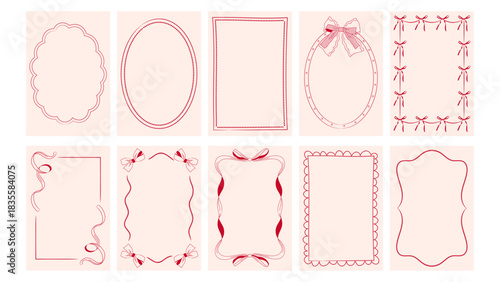Outline frames in coquette style, bow and ribbon contours, doodle edging for invitation and postcard designs