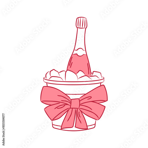 Champagne bottle with ice. Cooler bucket decorated with pink ribbon. Coquette design element