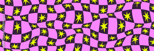 Y2K wave psychedelic acid background with stars. Surreal geometric shapes, abstract checkered patterns. Vector backgrounds in the trendy style of 90s.