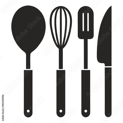 Set of four black silhouette kitchen utensils on white background