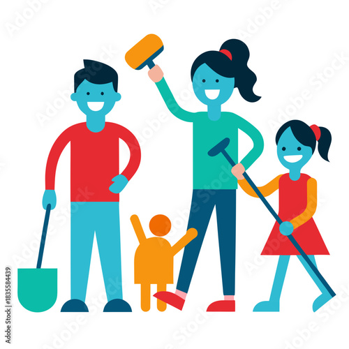 Happy family working together on a project