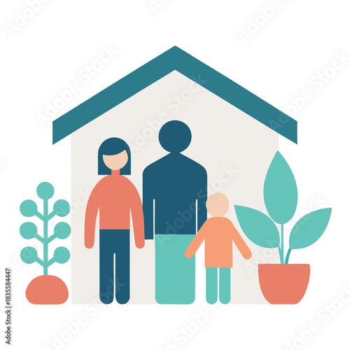 Stylized family silhouette inside a house with plants