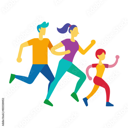Family running together in colorful athletic wear