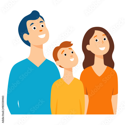 Happy family looking up together with smiles