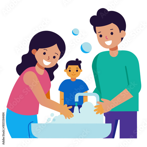 Family washing hands together at the sink