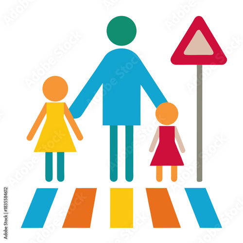 Family crossing road safely at pedestrian crossing