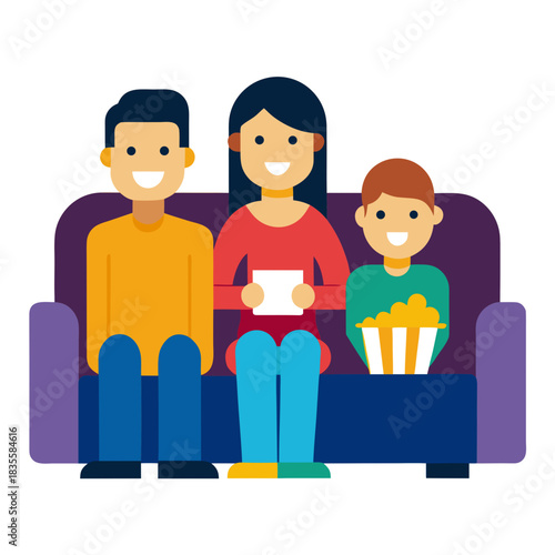 Family watching a movie together on the couch with popcorn