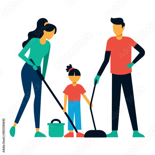 Family cleans together with mops and broom