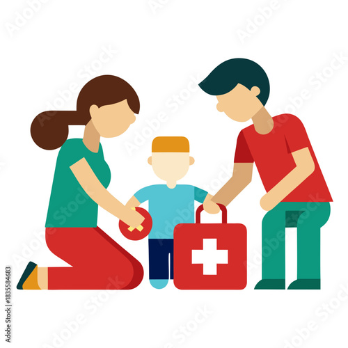Family with first aid kit and child