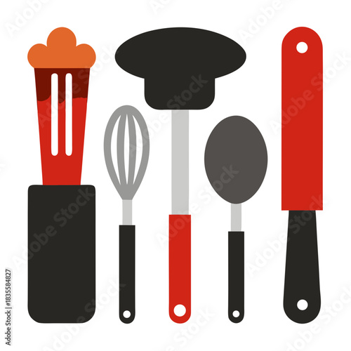 Collection of colorful kitchen utensils on a white background