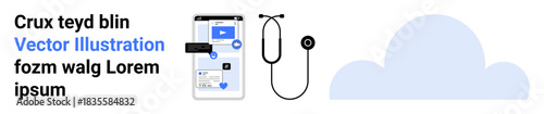 Digital health, telemedicine, data security, remote care, cloud storage, online consultation. Smartphone with medical interface, stethoscope and cloud graphic. Digital health and telemedicine