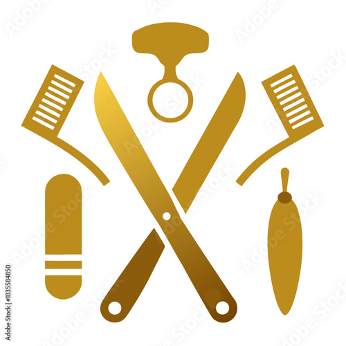 Golden barber tools and grooming implements icon