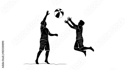 High-quality black silhouette line art of two people tossing a beach ball in mid-air, active summer fun on the shoreline, playful beach scene