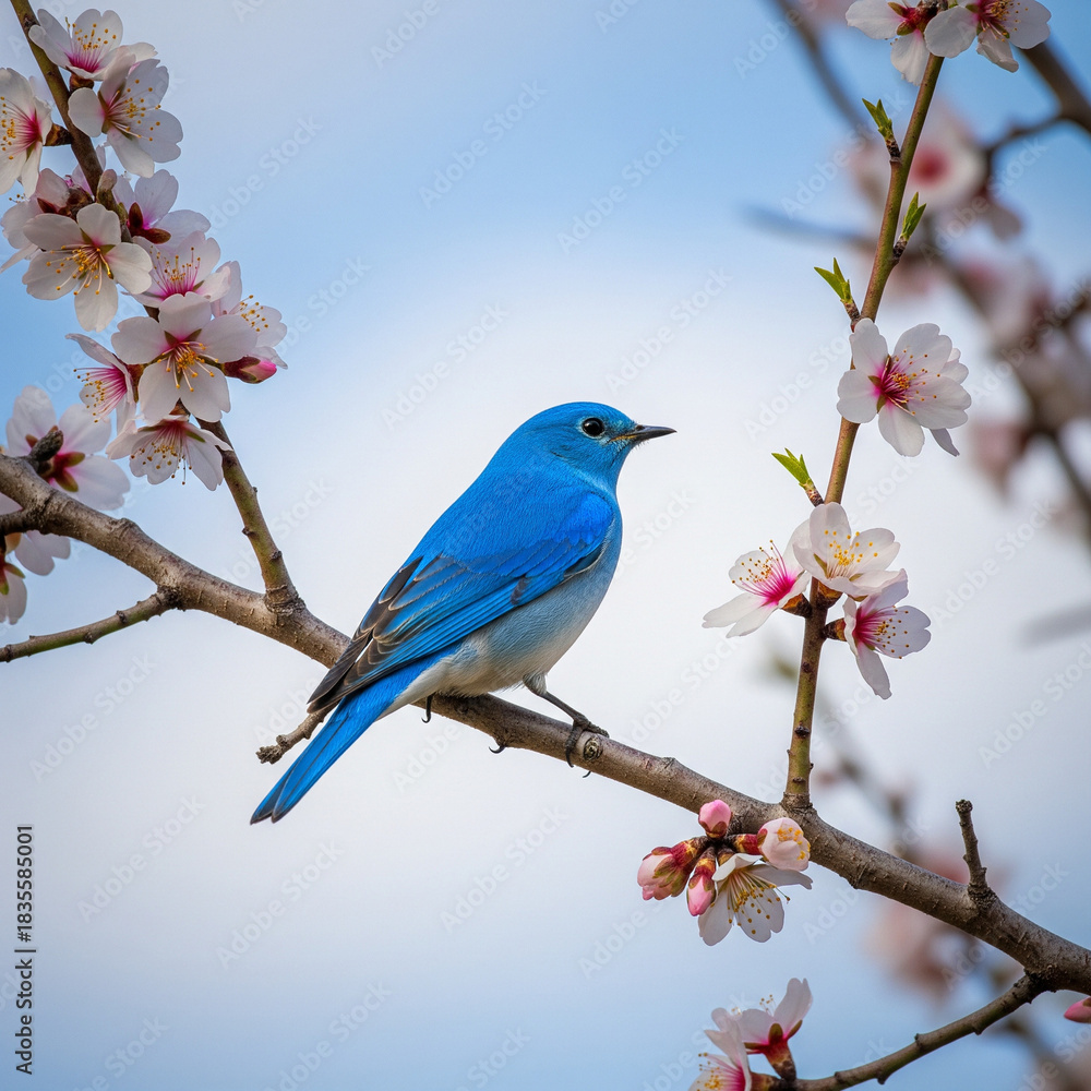 Fototapeta premium Mountain Bluebird Perched on a Blossoming Almond Tree Branch