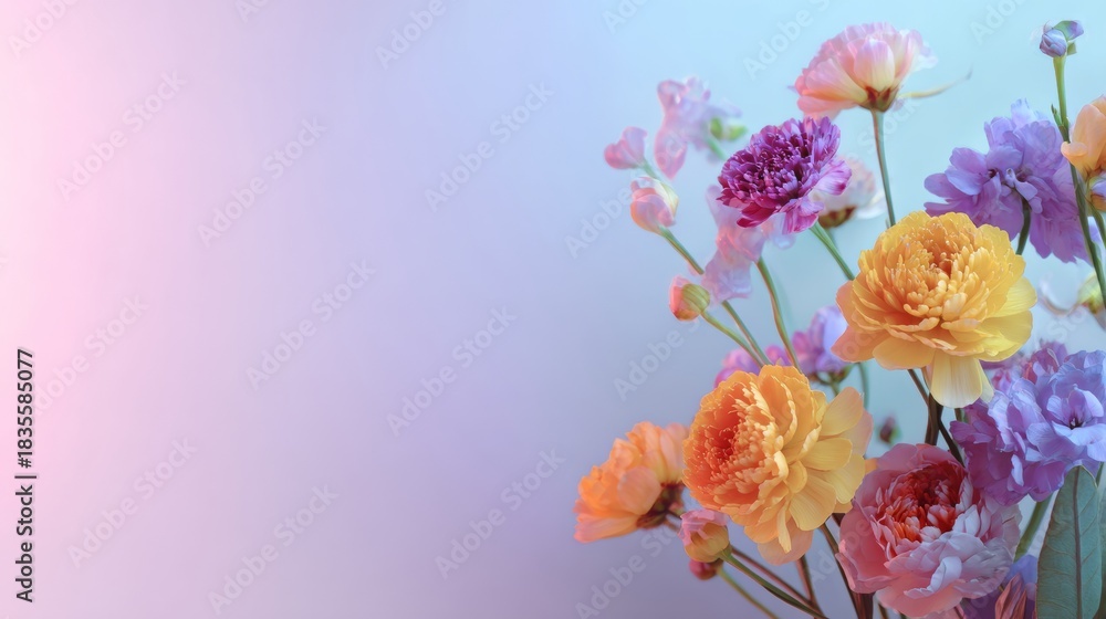 Obraz premium Colorful bouquet of flowers with soft pastel background creating a serene and vibrant atmosphere