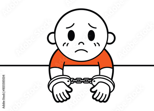 Sad Cartoon Character Arrested and Wearing Handcuffs, sitting in orange shirt, looking regretful and guilty, vector illustration on white background, expressive law enforcement concept, detention 