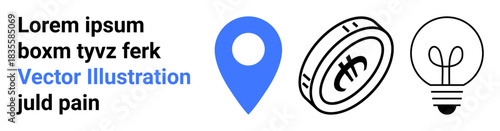 Technology, innovation, cryptocurrency, geolocation, creative ideas, digital economy. Blue geolocation marker, coin with Bitcoin symbol and lightbulb. Geolocation and cryptocurrency concepts