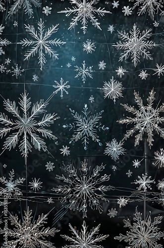 Intricate snowflake patterns on glass with shimmering effect in winter theme