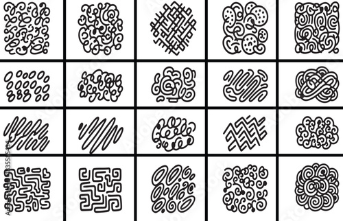 Collection of hand drawn abstract designs in black and white