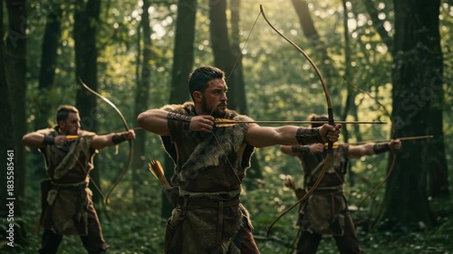 Three archers train in a forest, honing their shooting skills in early morning light