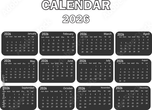 2026 Calendar Year Overview with Monthly Grids vector