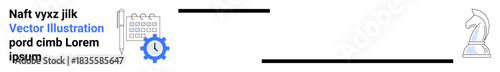 Business strategy, innovation, planning tools, productivity, workflow optimization, problem-solving. Icons pen, gear and chess horse piece. Business strategy and innovation concepts