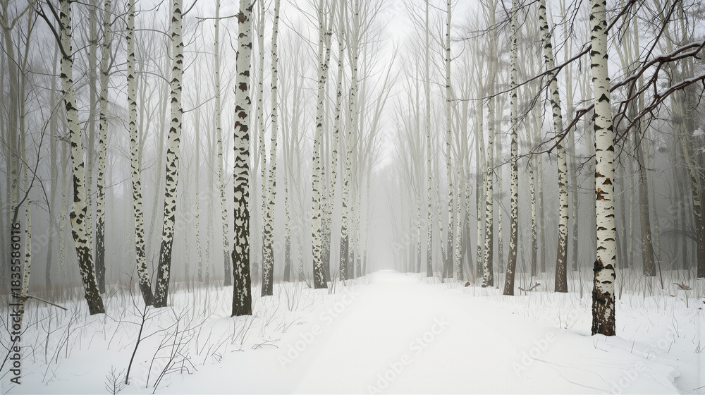 Obraz premium A peaceful winter scene shows tall white birch trees on both sides of a snow-covered path. Thick fog envelops the area, creating a calm and quiet atmosphere in the forest