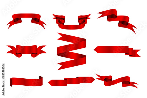 Collection of red Silk Ribbon Isolated White Background, Vector Illustration. Ideal for promotions, labels, and decorative designs.