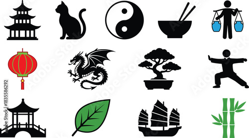 Set of Black and Color Icons Representing Asian Culture Including a Pagoda, Yin-Yang, Dragon, Bonsai Tree, Lantern, Junk Boat, and Bamboo Vector Illustration.