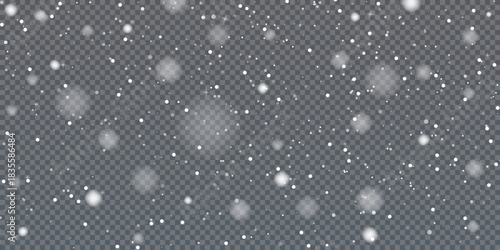 Realistic snow fallen on transparent background. Abstract dust particles, white confetti png bg. Festive wallpaper element for christmas poster, flyer, new year card, realistic vector snow powder.
