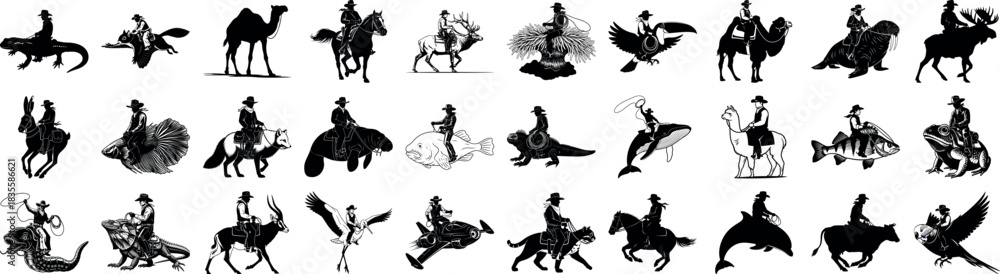 Obraz premium Silhouette illustrations of cowboys riding various animals