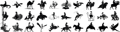 Silhouette illustrations of cowboys riding various animals