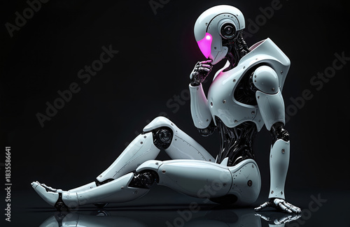 White humanoid robot sits in thought, head tilted, finger to chin. Its glowing pink faceplate suggests deep contemplation or analysis. This android contemplates a complex decision or problem.
