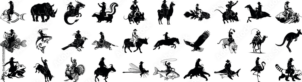 Obraz premium Silhouette illustrations of cowboys riding various animals
