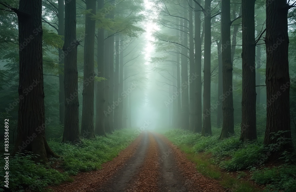 Fototapeta premium Path leads through misty forest with tall trees on both sides. Sunlight filters through fog creating an ethereal atmosphere. Greenery covers forest floor and path.
