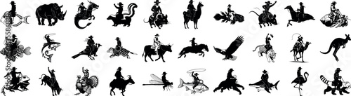 Silhouette illustrations of cowboys riding various animals