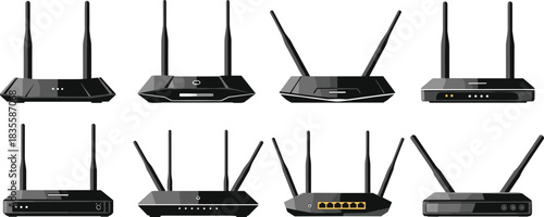 Collection of diverse black wireless internet routers showcasing various modern designs and multiple antennas for home office networking