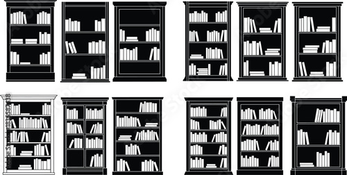 Stunning collection of elegant black and white wooden bookshelves filled with classic books for library or home office design concepts