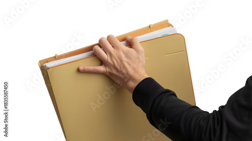 A person holding a large manila folder with documents inside it