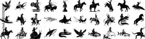 Silhouettes of cowboys riding various animals and objects vector