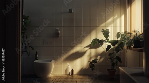 Sun-Drenched Serenity: Minimalist Bathroom with Plants and Warm Light