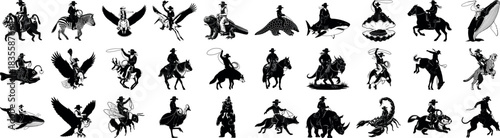 Black and white cowboys riding animals silhouette illustrations