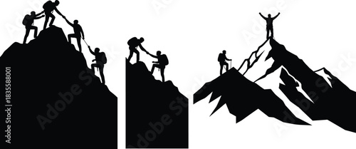 Dynamic silhouettes show teamwork climbing rugged mountains toward ultimate success and achievement in challenging environments