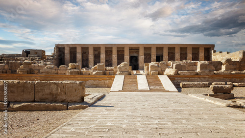 Front view of the main facade and entrance to the Temple of Hathor in Dendera, Egypt